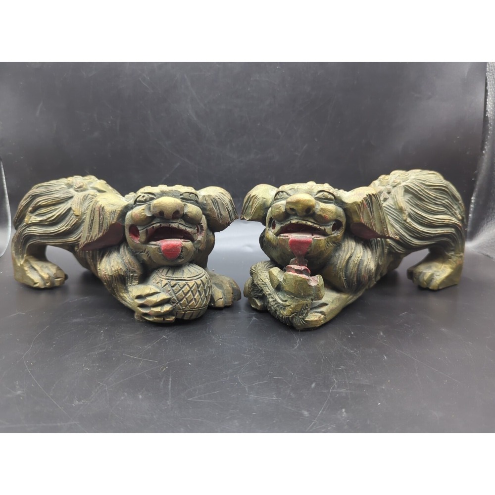 Pair of Vintage Chinese Gold Gilt Wood Carved Foo Dogs